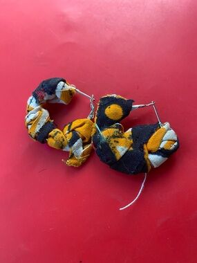 Handcrafted Black and Mustard Fabric Wrapped Hoop Earrings